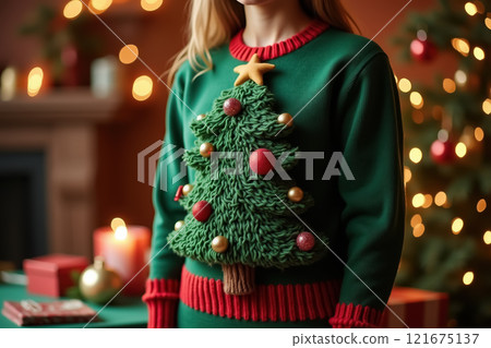 Young caucasian female in festive christmas sweater with tree design and holiday decor. AI generation 121675137