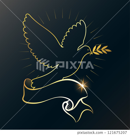 Flying golden dove of peace with branch and ribbon 121675207