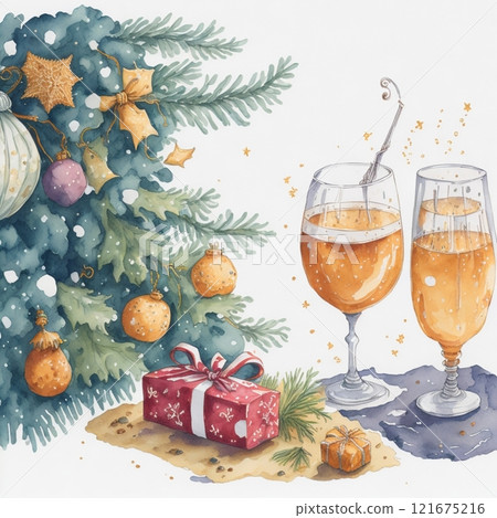 Watercolor Christmas composition of wine glasses, jingle bells and fir branches. Hand painted white wine isolated on white background. Holiday illustration for design, print, fabric or background Watercolor Christmas composition of wine glasses, jingle bells and fir branches. Hand painted white wine isolated on white background. Holiday illustration for design, print, fabric or background 121675216