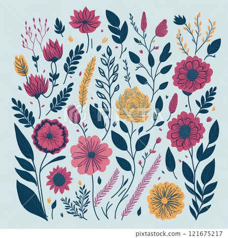 Set of cute drawn flowers and floral elements. Illustration . High quality photo Set of cute drawn flowers and floral elements. Illustration . High quality photo 121675217