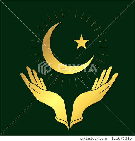 Praying hands and shining crescent with star 121675319