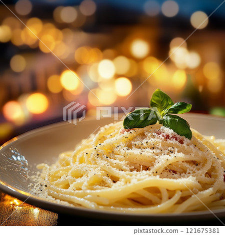 Juicy carbonara pasta on a plate with cheese, pepper and a sprig of basil 121675381