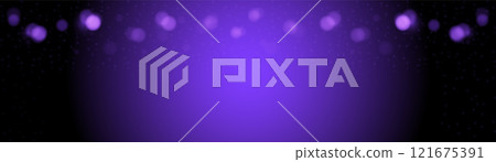 vector horizontal banner many violet, lilac, violet bokeh circles, golden particle on black background. Light circular design along the top edge of the banner. Background with copy space. vector horizontal banner many violet, lilac, violet bokeh circles, golden particle on black background. Light circular design along the top edge of the banner. Background with copy space. 121675391