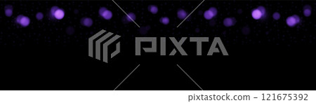 vector horizontal banner many violet, lilac, violet bokeh circles, golden particle on black background. Light circular design along the top edge of the banner. Background with copy space. 121675392