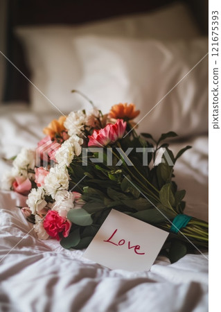 A bouquet of flowers with a note that says 'love' 121675393