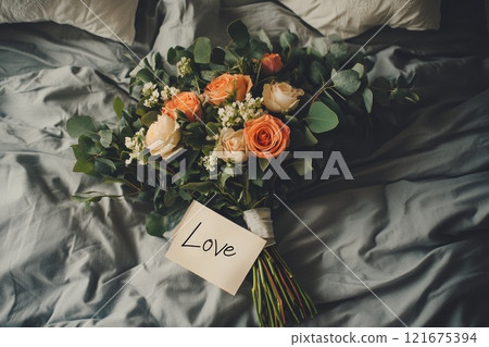 A bouquet of flowers with a note that says 'love' 121675394