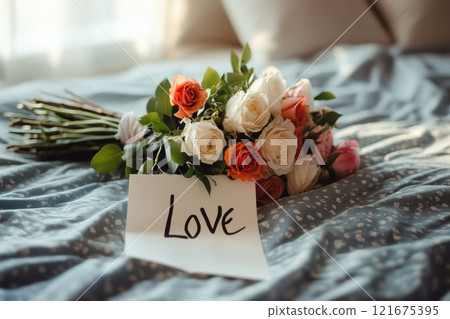 A bouquet of flowers with a note that says 'love' A bouquet of flowers with a note that says 'love' 121675395