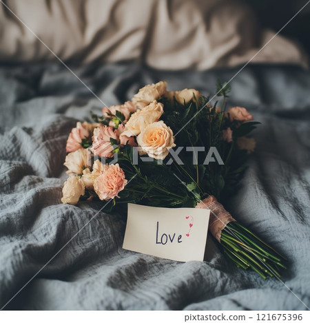 A bouquet of flowers with a note that says 'love' A bouquet of flowers with a note that says 'love' 121675396