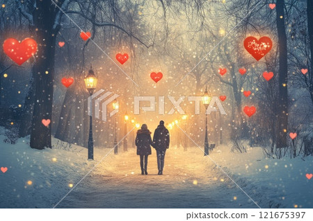 A couple on a walk in a snowy park surrounded by hearts and the light of lanterns 121675397