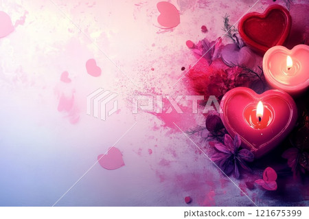 Abstract background with pink and red hearts, candles and floral ornaments 121675399