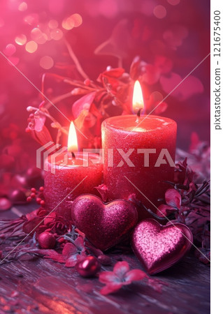 Abstract background with pink and red hearts, candles and floral ornaments 121675400