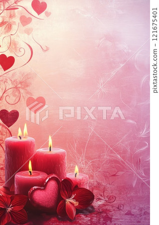 Abstract background with pink and red hearts, candles and floral ornaments 121675401