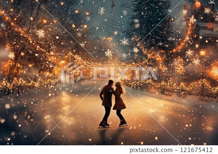 Couple skating surrounded by snowflakes and heart-shaped garlands 121675412