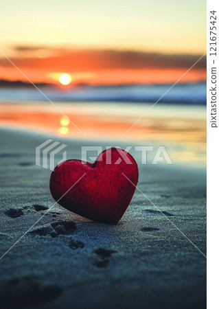 Lonely heart on the sand by the sea, against the backdrop of sunset, Valentine's Day 121675424