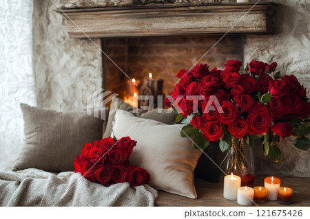 Romantic interior with a fireplace, candles, pillows and a bouquet of red roses, Valentine's Day 121675426