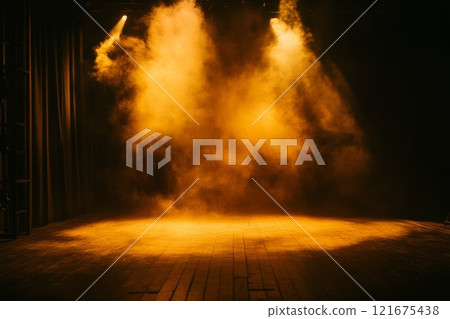 A theatrical stage covered in a thick mist, illuminated by warm golden light 121675438