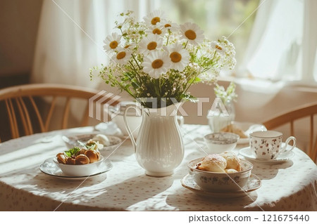 a vase of flowers, neatly arranged dishes and beautifully decorated fresh food on the table 121675440