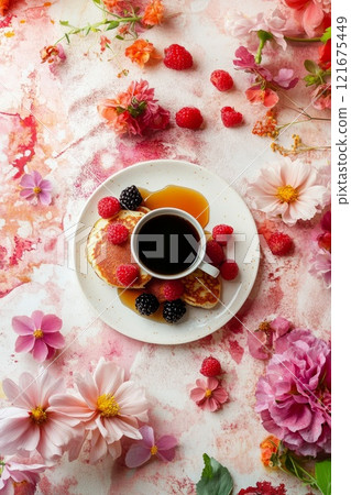 A plate of fluffy pancakes drizzled with syrup, surrounded by fresh berries and a cup of coffee 121675449