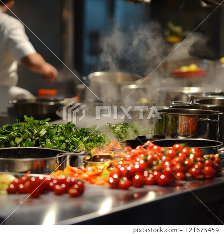 the chef is preparing dishes in the kitchen: bubbling pots, bright ingredients the chef is preparing dishes in the kitchen: bubbling pots, bright ingredients 121675459