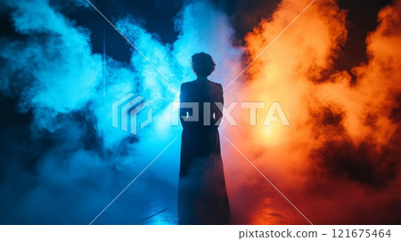 woman in a studio room in smoke, illuminated by spotlights 121675464