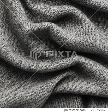 Fabric texture with a tight weave and soft folds in neutral gray tones 121675467
