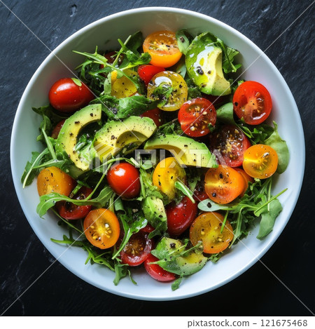 Fresh salad - a crisp mix of greens, avocado, bright cherry tomatoes, and drizzles of olive oil Fresh salad - a crisp mix of greens, avocado, bright cherry tomatoes, and drizzles of olive oil 121675468
