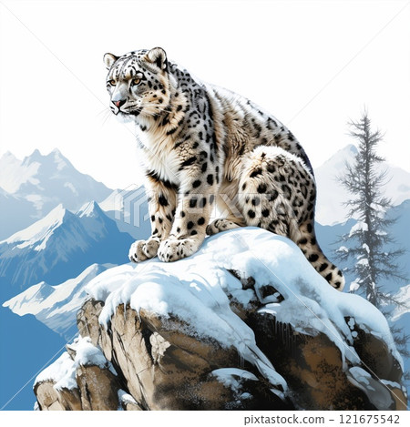 Majestic Snow Leopard Perching on a Rocky Pinnacle in a Snowy Landscape 121675542