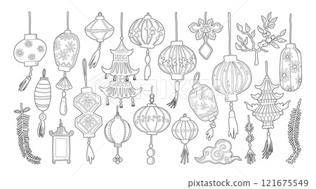 Set of isolated Chinese New Year decoration elements, lanterns, in minimal hand-drawn doodle illustration style on a transparent background. Volume 1: black outline with white plain. Set of isolated Chinese New Year decoration elements, lanterns, in minimal hand-drawn doodle illustration style on a transparent background. Volume 1: black outline with white plain. 121675549