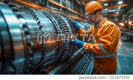 Confident engineer in uniform examines massive turbine blades in a high-tech industrial facility 121675593