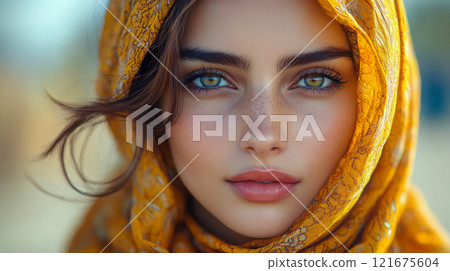 Close-up portrait of a woman with striking green eyes wearing a detailed yellow scarf, expressing calmness and beauty 121675604