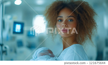 Smiling black woman holding her newborn baby in a hospital, depicting maternity and postnatal care 121675644