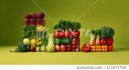 Equilibrium food balance diet concept. Balancing pyramid or tower of vegetables. Generative AI 121675746
