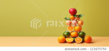 Equilibrium food balance diet concept. Balancing pyramid or tower of fruits. Generative AI 121675750