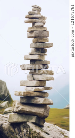 Balancing stones. Tower of pebble. Zen mediation concept. Generative AI 121675761