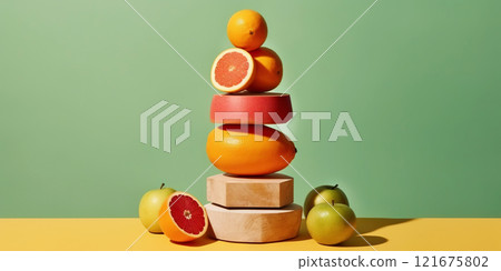 Equilibrium food balance diet concept. Balancing pyramid or tower of fruits. Generative AI 121675802