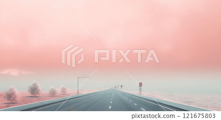 Minimalistic misty empty highway. Foggy road. Mystery travel concept. Generative AI 121675803