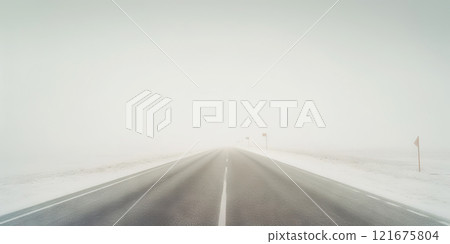 Minimalistic empty highway in winter. Road surrounded snow. Travel concept. Generative AI 121675804