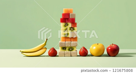 Equilibrium food balance diet concept. Balancing pyramid or tower of fruits. Generative AI 121675808