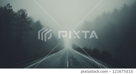 Minimalistic misty empty road. Foggy highway. Mystery travel concept. Generative AI Minimalistic misty empty road. Foggy highway. Mystery travel concept. Generative AI 121675818