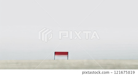 Minimalistic loneliness concept. Red bench and misty sea. Generative AI Minimalistic loneliness concept. Red bench and misty sea. Generative AI 121675819