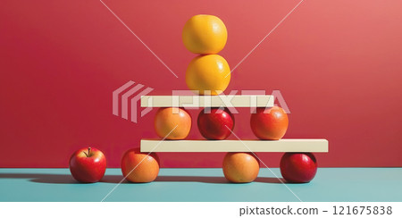 Equilibrium food balance diet concept. Balancing pyramid or tower of fruits. Generative AI Equilibrium food balance diet concept. Balancing pyramid or tower of fruits. Generative AI 121675838