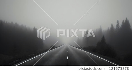 Misty empty road with trees on the side. Foggy highway. Mystery travel concept. Generative AI 121675878
