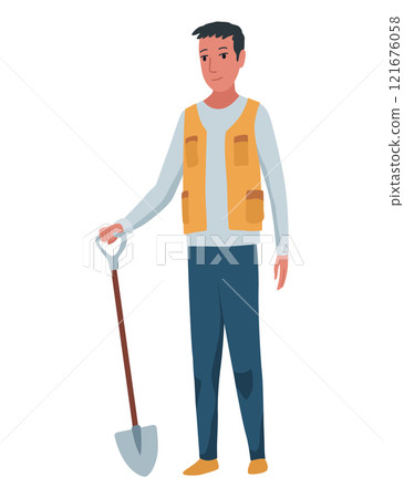 A man is diligently digging in his work attire using a shovel for various tasks at hand, A man is diligently digging in his work attire using a shovel for various tasks at hand, 121676058