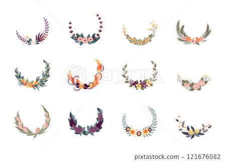 Round flower frame set, vintage wreaths with blossom. Folk art, ornamental frames with floral composition. Bright illustration, can be used as creating or invitation card 121676082