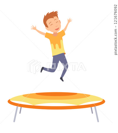 Children jumping trampoline. Kid jumping icon. Child activities design element. Indoor or outdoor fun, fitness jumping. Acrobatic and gymnastic exercises. Vector illustration Children jumping trampoline. Kid jumping icon. Child activities design element. Indoor or outdoor fun, fitness jumping. Acrobatic and gymnastic exercises. Vector illustration 121676092