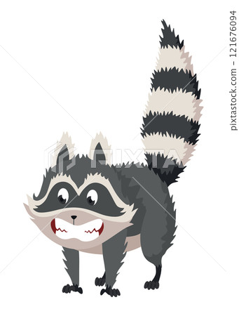 Cartoon raccoon character emotion. Funny wild coon pose, cute mammal. Vector design animal icon isolated on white background 121676094