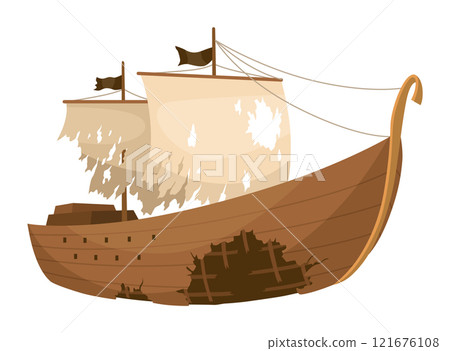 Broken ship icon. Cartoon wooden battered ship with tattered flag and sails after wreck or attack. Destroyed, wreck ship isolated on white background 121676108