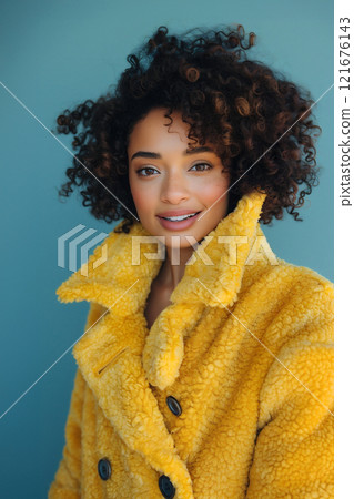 Woman with curly hair wearing a yellow coat poses against a teal background in a bright and cheerful setting. Woman with curly hair wearing a yellow coat poses against a teal background in a bright and cheerful setting. 121676143