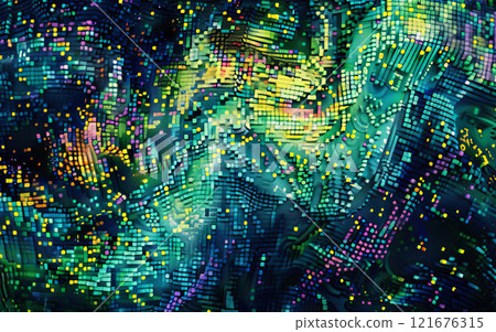 Vibrant Abstract Digital Matrix Art with Colorful Pixel Patterns and Neon Lighting Effects 121676315