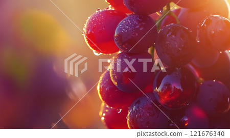 Vivid close-up of red grapes covered in morning dew, illuminated by soft sunlight, capturing freshness and natural beauty. 121676340